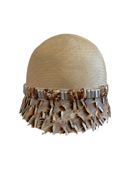 Louise Green Feathered Cloche Hat With Beaded Trim Made In USA